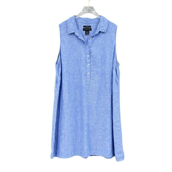 Tahari Plus Blue 100% Linen Sleeveless A-line Popover Collared Shirt Dress - Picture 1 of 5